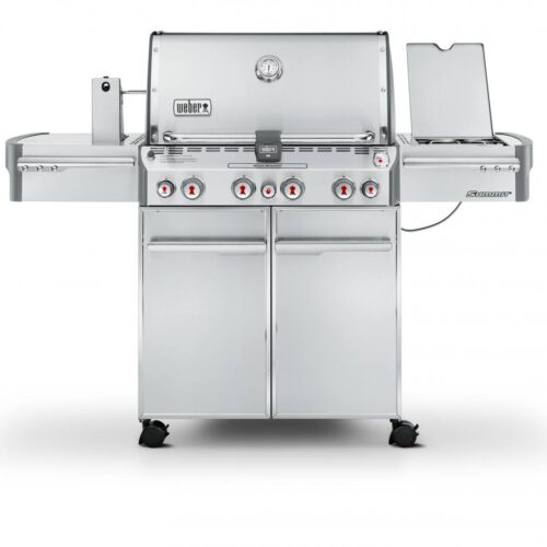 A modern weber genesis stainless steel gas grill with multiple burners, side burner, thermometer on lid, control knobs, and dual storage cabinets on wheels.