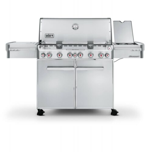 A modern weber gas grill with six burners, stainless steel finish, control knobs, and side tables, set against a plain white background.