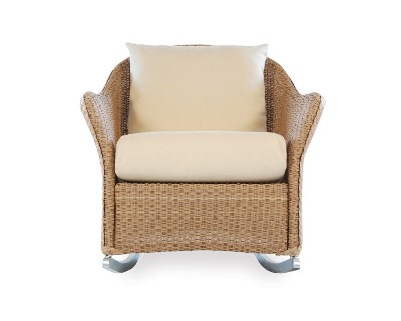 A modern wicker armchair with beige cushions and visible caster wheels, isolated on a white background, perfect for cozying up near a fire pit.