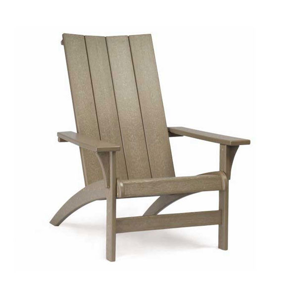 An Adirondack chair designed in a simple, modern style, crafted from gray synthetic wood with a slanted back and wide armrests, isolated against a white background.