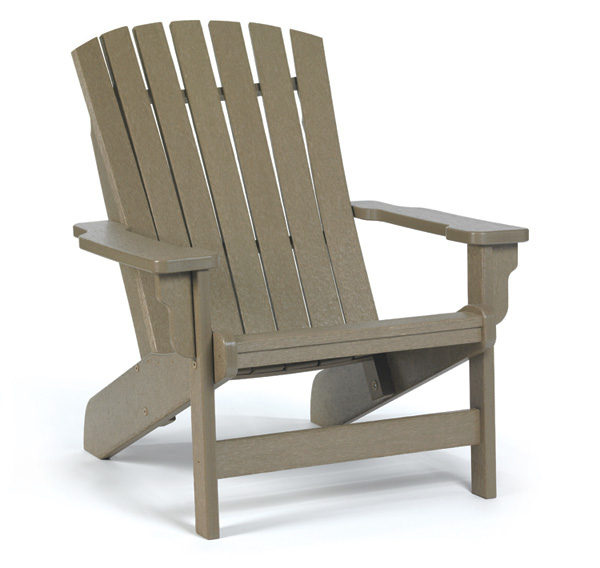 An Adirondack chair in gray, crafted from either plastic or composite, showcases a slatted back and seat with wide armrests, isolated on a white background.