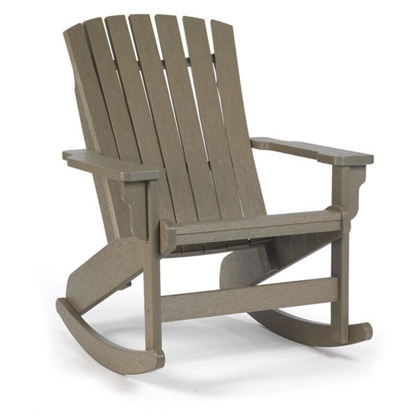 A simple gray Adirondack chair made of plastic or composite material, featuring wide armrests and vertical slats, positioned against a plain white background.