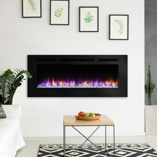 Allusion linear electric fireplace by SimpliFire with clear crystal media hanging on the wall of modern living space