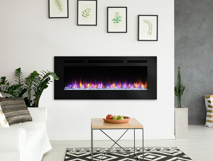 Allusion linear electric fireplace by SimpliFire with clear crystal media hanging on the wall of modern living space
