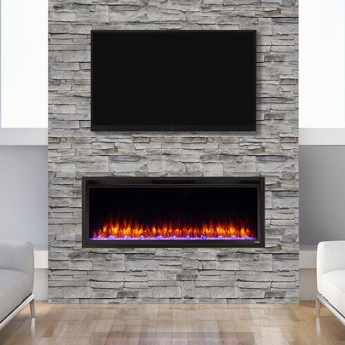 Allusion Platinum linear electric fireplace by SimpliFire with clear crystal media hanging on the wall of modern living space