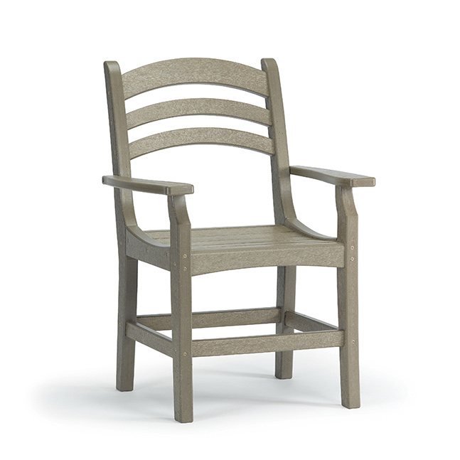 A beige adirondack-style chair made of synthetic wood, featuring a high backrest with horizontal slats and broad armrests, perfect beside a fire pit, isolated on a white background.