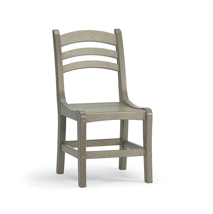A sturdy gray plastic chair with a simple, stackable design, featuring a curved backrest and four vertical slats, set against a plain white background near a fire pit.