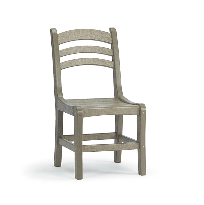 An Avanti sturdy, gray plastic outdoor chair with horizontal slats on the back and flat armrests, set against a plain white background.