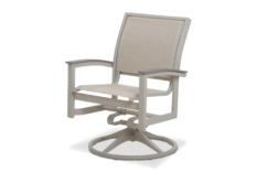 A modern swivel patio chair with beige sling fabric and a light gray metal frame, isolated on a white background, designed to insert beside a fireplace.