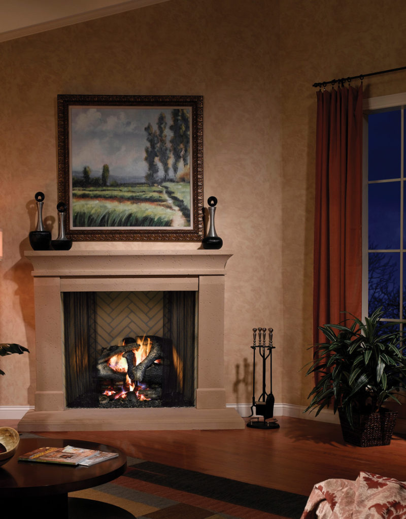 Birmingham wood fireplace by Heat & Glo in Black with Bi-Fold Glass doors tan surround in a modern living room