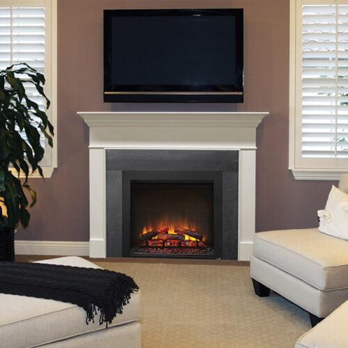Built-In electric fireplace by SimpliFire with black front and white westcott mantel in a modern living space