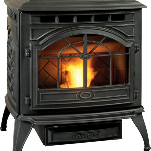 Castile pellet stove by Quadra-Fire in Classic Black in between two cabinets with stone hearth