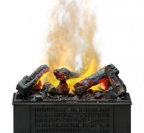 An electric fireplace insert with realistic flames and glowing embers made from artificial logs, set in a black metal frame, isolated against a white background.