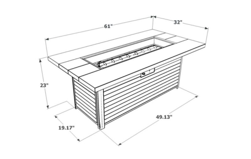 drawing of the product dimensions of the Cedar Ridge gas fire pit by Outdoor GreatRoom