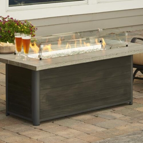 Cedar Ridge gas fire pit with Grey Wash Cedar Supercast concrete top and taupe-colored decking base