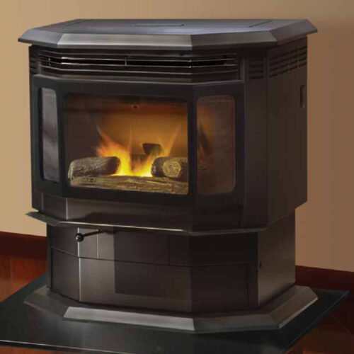 Classic Bay 1200 pellet stove by Quadra-Fire in Classic Black with Black Nickel trim against a tan wall in a home