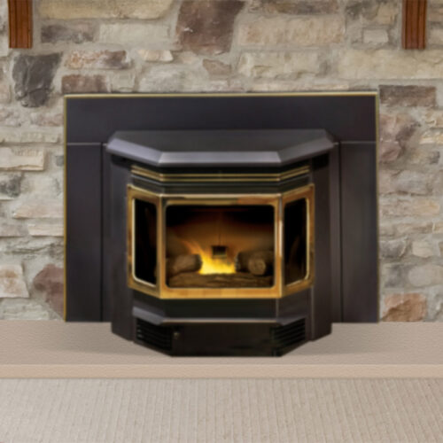 Classic Bay 1200i pellet insert by Quadra-Fire in Porcelain Twilight with Satin Nickel trim with tan stone masonry
