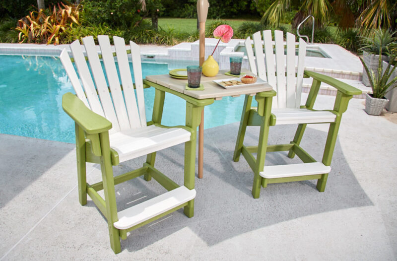 Coastal Collection white and green counter chairs with tête-á-tête table top by Breezesta poly outdoor furniture