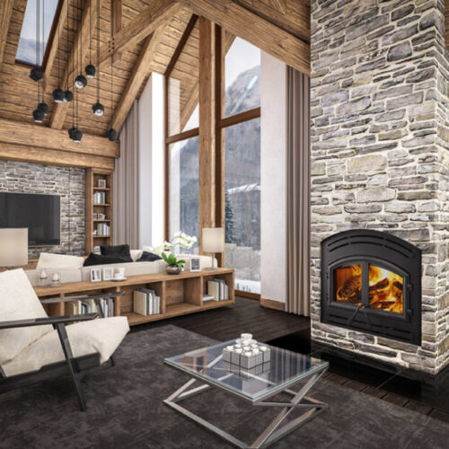Constitution standard wood burning fireplace with a gray stone masonry in a modern a-frame living room