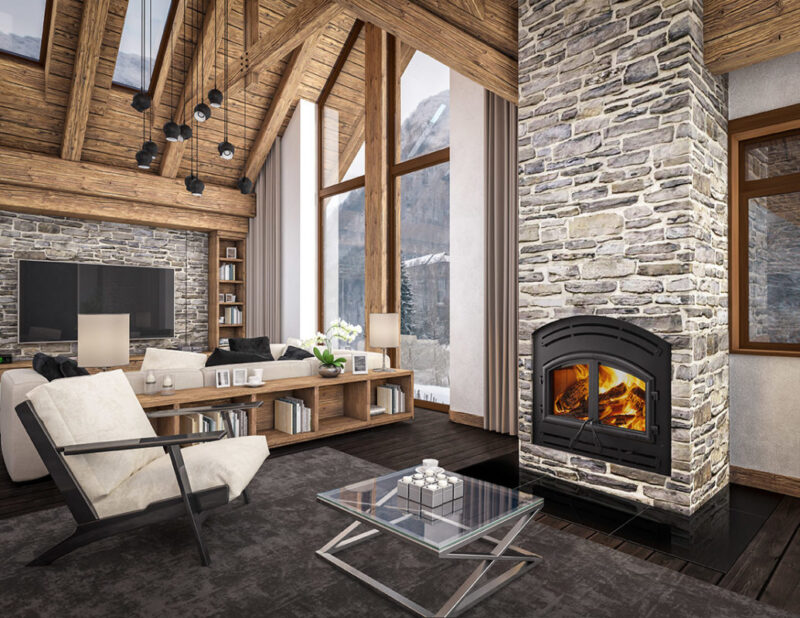 Constitution standard wood burning fireplace with a gray stone masonry in a modern a-frame living room