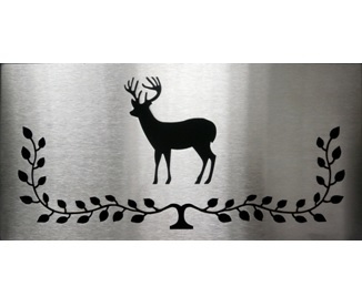 closeup of the deer brushed stainless inlay as a decorative option to add to the P68 pellet stove by Harman