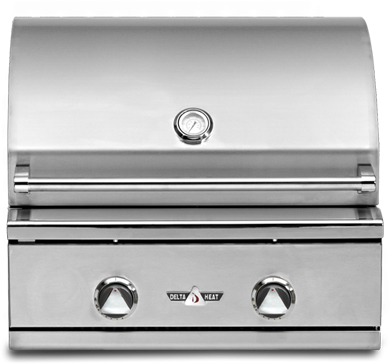 A stainless steel outdoor gas stove with a closed lid, featuring a built-in thermometer and two control knobs on a shiny front panel.