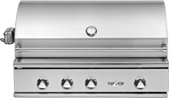 A stainless steel gas grill with a closed lid featuring a temperature gauge and multiple control knobs on the front panel insert.