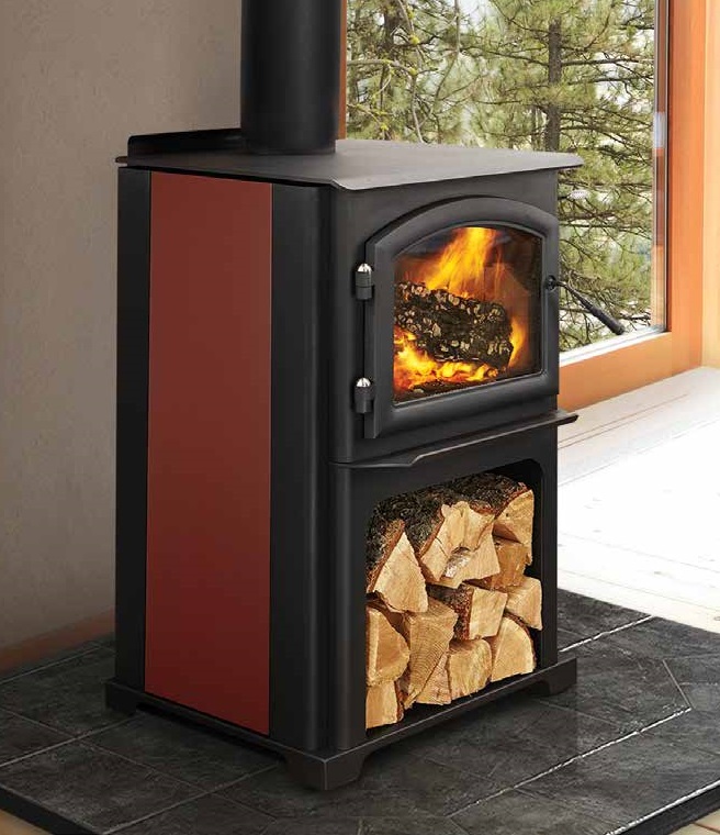 Discovery III wood stove by Quadra-Fire with custom personalized painted panel against a tan wall of living room