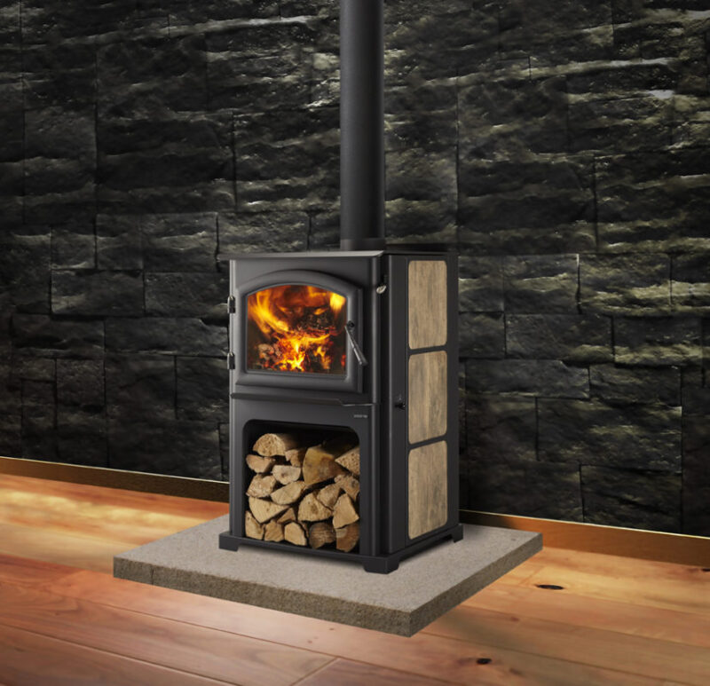 Discovery III wood stove by Quadra-Fire with custom personalized wood side panels against a dark gray masonry