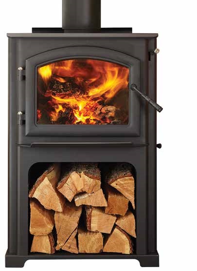 front view of Discovery III wood stove by Quadra-Fire with wood storage bin against a white background