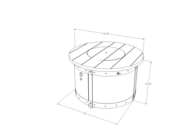 Technical drawing of a circular wooden table with a built-in fire pit, featuring top-down and side views on two projection planes.