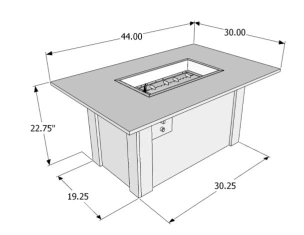 Diagram of a rectangular kitchen island with a built-in stove, including precise measurements for its dimensions.