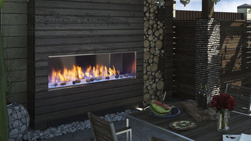 Lanai outdoor gas fireplace by Outdoor Lifestyles with stone kit and dark wood panel hearth in modern patio
