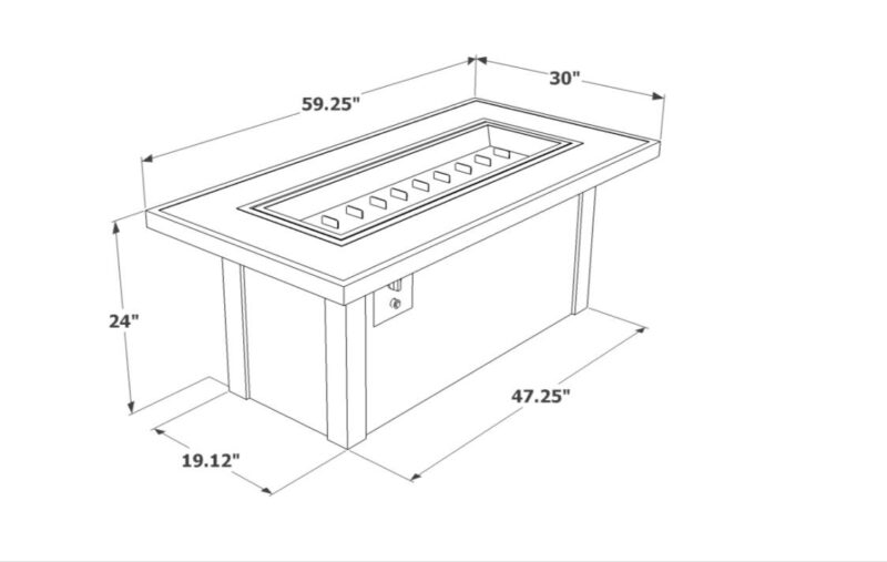 Line drawing of a rectangular table with dimensions labeled: length 59.25 inches, width 30 inches, height 24 inches, and bottom clearance at 19.12 inches, featuring a stove