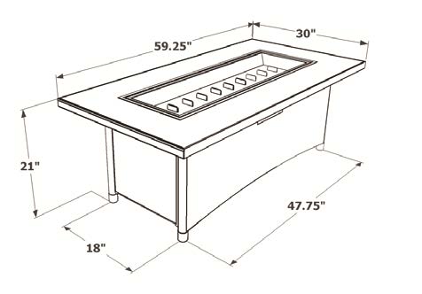 Technical line drawing of a table showing dimensions: length of 59.25 inches, width of 47.75 inches, and heights of 21 inches and 18 inches, with an insert detail