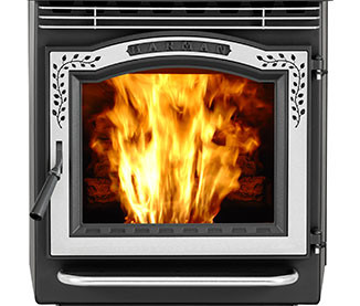 closeup of P68 pellet stove by Harman with bright nickel leaf trim with fire going against white background