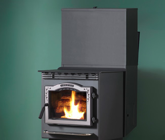 P68 pellet stove by Harman with bright nickel leaf trim and hopper extension against a green wall