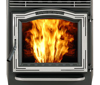 closeup of P68 pellet stove by Harman with modern stainless trim with fire going against white background