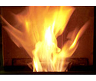 closeup of a fire without a log set in the P68 pellet stove by Harman, showing the flame and heat more direct