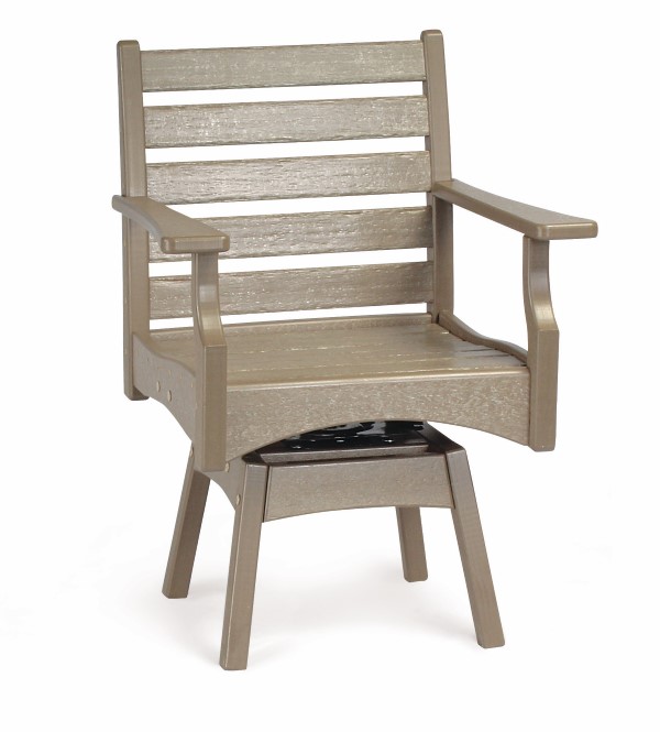 A beige plastic outdoor chair with armrests and slatted back design, displayed on a white background near a fireplace.