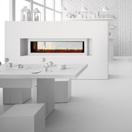 Primo see-through gas fireplace by Heat & Glo in white against a modern white stand-alone hearth