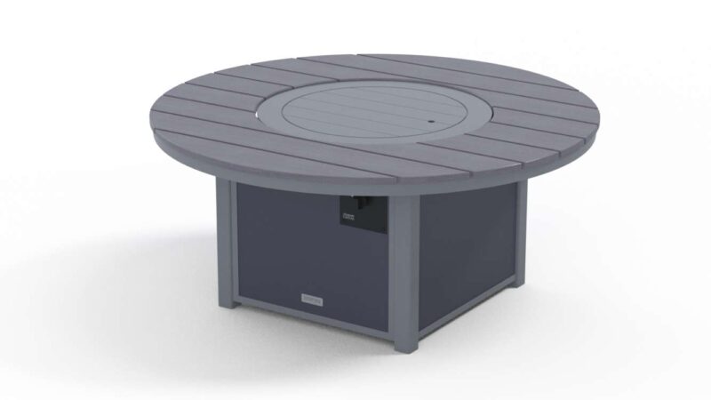 A 3D-rendered image of a modern, circular outdoor table featuring a built-in central fire pit and a sleek, gray finish. The table appears sturdy and is set against a plain white background
