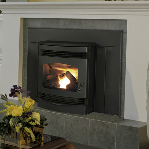 Santa Fe pellet insert by Quadra-Fire in Classic Black with Black Nickel trim with gray tile masonry and hearth