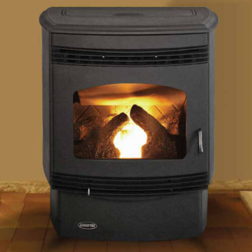 Santa Fe pellet stove by Quadra-Fire in Classic Black with Black Nickel trim against a tan wall of a living room