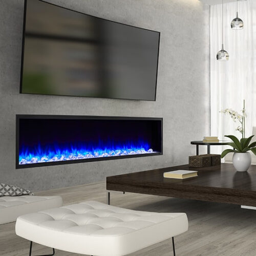 Scion linear electric fireplace by SimpliFire configured in a corner space in a modern living room