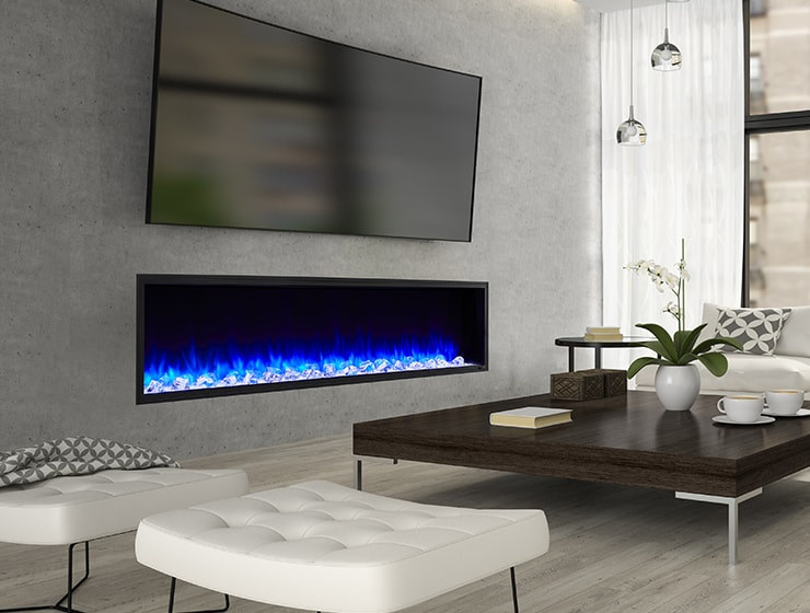 Scion linear electric fireplace by SimpliFire configured in a corner space in a modern living room