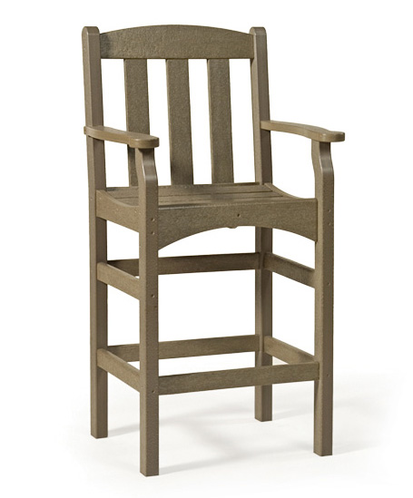 A tall, brown, wooden lifeguard chair with armrests and a slatted back, isolated against a white background by a fireplace.