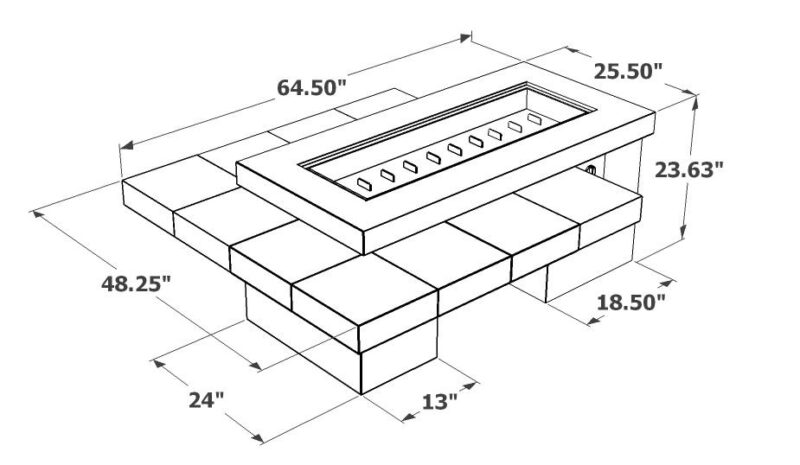 Technical line drawing of a fire pit insert, rectangular in shape with dimensions labeled, showing length, width, and height measurements in inches. The object features a recessed section with multiple small rectangular shapes.