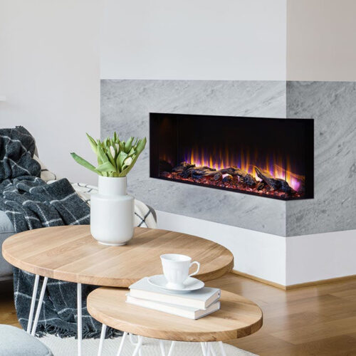 Scion Trinity multisided linear electric fireplace by SimpliFire configured in a corner space in a modern living room