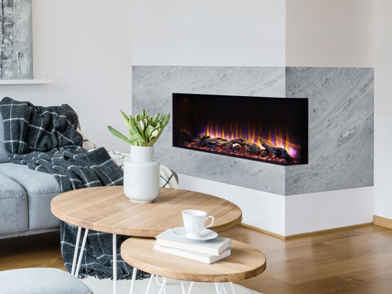 Scion Trinity multisided linear electric fireplace by SimpliFire configured in a corner space in a modern living room